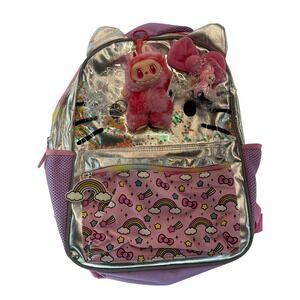 Hello Kitty Backpack Silver‎ Pink Rainbow Novelty w Free Plush Clip Charms Cute
